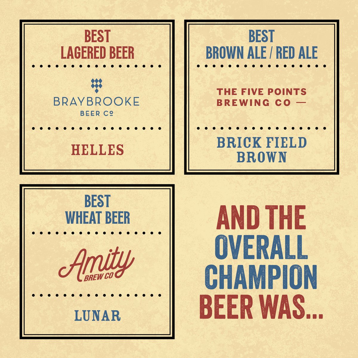 🏆🏆🏆
<a href="/BraybrookeBeer/">Braybrooke Beer Co</a> <a href="/FivePointsBrew/">The Five Points</a> <a href="/AmityBrewCo/">Amity Brew Co</a> 4/5
