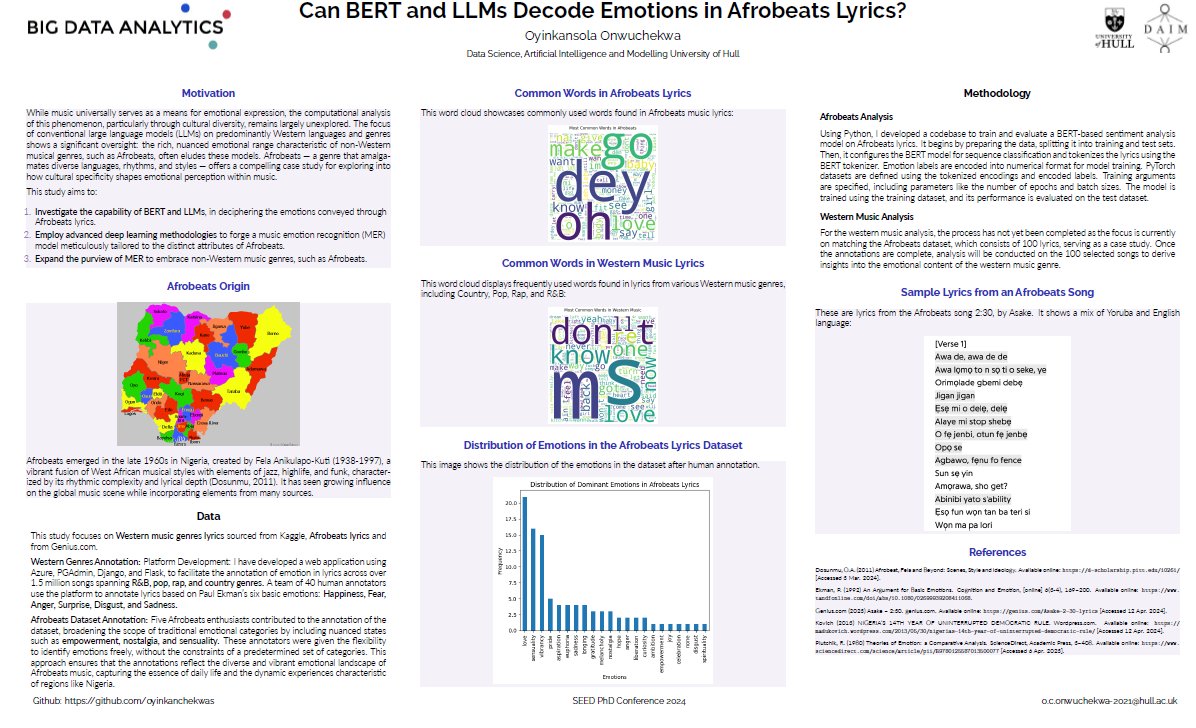 @OyinkanChekwas one of our PhD Researchers will be presenting her poster; 'Can BERT and LLMs Decode Emotions in Afrobeats Lyrics?' at the SEED PhD Conference 2024 in Manchester!