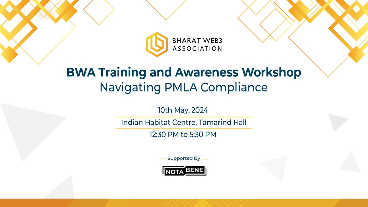 Bharat Web3 Association is all geared up to conduct a first-of-its-kind Training and Awareness Workshop on PMLA for VASPs!

Sh. Vivek Aggarwal, Director FIU-IND, will grace the event as the Hon'ble Chief Guest.

#BWA #PMLA