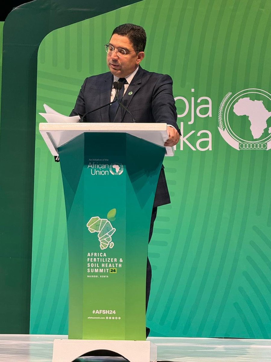MFA Nasser Bourita delivered, today in Nairobi, a speech during the African Summit on Fertilizers and Soil Health.
#AFSH24 
🔗 tinyurl.com/4wykwcpb
