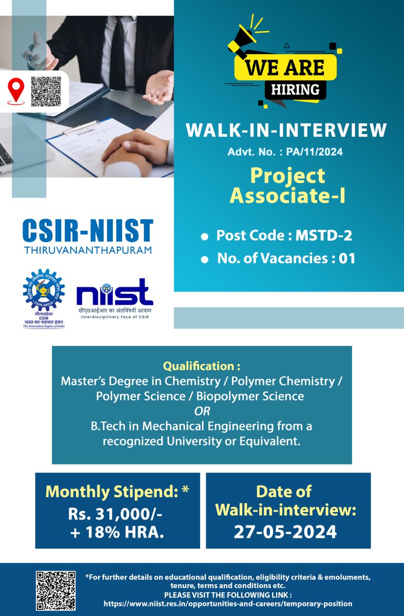 Upcoming walk-in interviews at CSIR-NIIST !!! @CSIR_IND @DrNKalaiselvi #jobopening #walkininterview #jobseekers