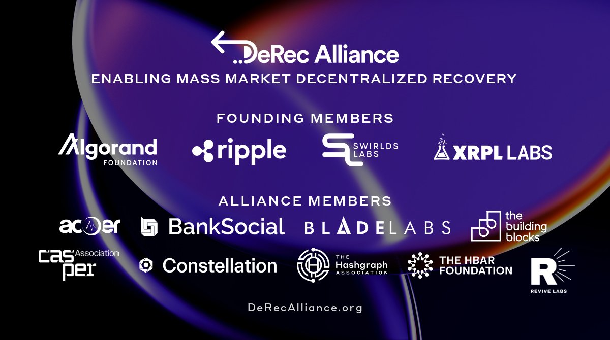 We are excited to announce that @Ripple and @XRPLLabs have joined @swirldslabs and @AlgoFoundation as Founding Members of the Decentralized Recovery Alliance, with two-year seats on the Technical Oversight Committee providing input on governance and core Alliance policies. #DeRec