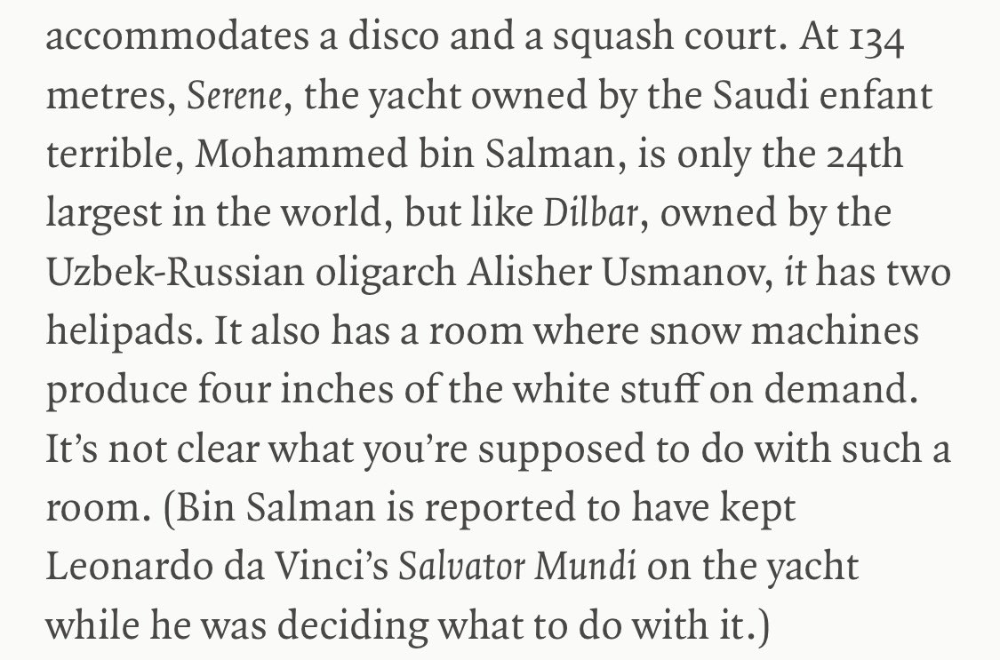 For @LRB, Laleh Khalili dives into the world of superyachts and the inequalities illuminated by them. Among the actors to make an appearance is Mohammed bin Salman, whose superyacht contains snow making machines and reportedly served as storage for Da Vinci’s Salvator Mundi.