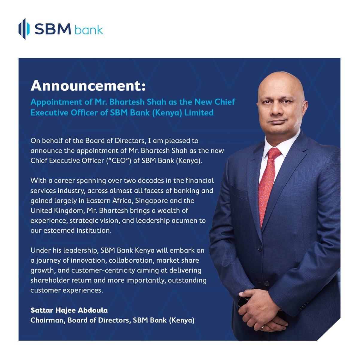 We are pleased to announce the appointment of Mr. Bhartesh Shah as our New Chief Executive Officer. Full details here: bit.ly/SBM_CEO_appoin… #ForASmarterTomorrow
