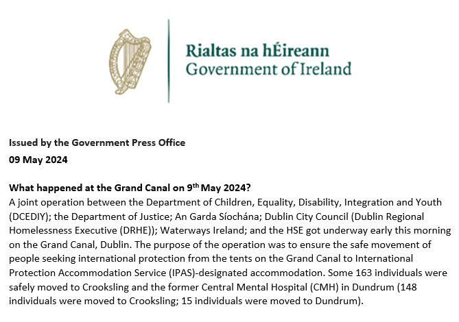 A joint operation got underway early this morning to ensure the safe movement of people seeking international protection from the tents on the Grand Canal to International Protection Accommodation Service (IPAS)-designated accommodation. See our Q&A: gov.ie/en/press-relea…