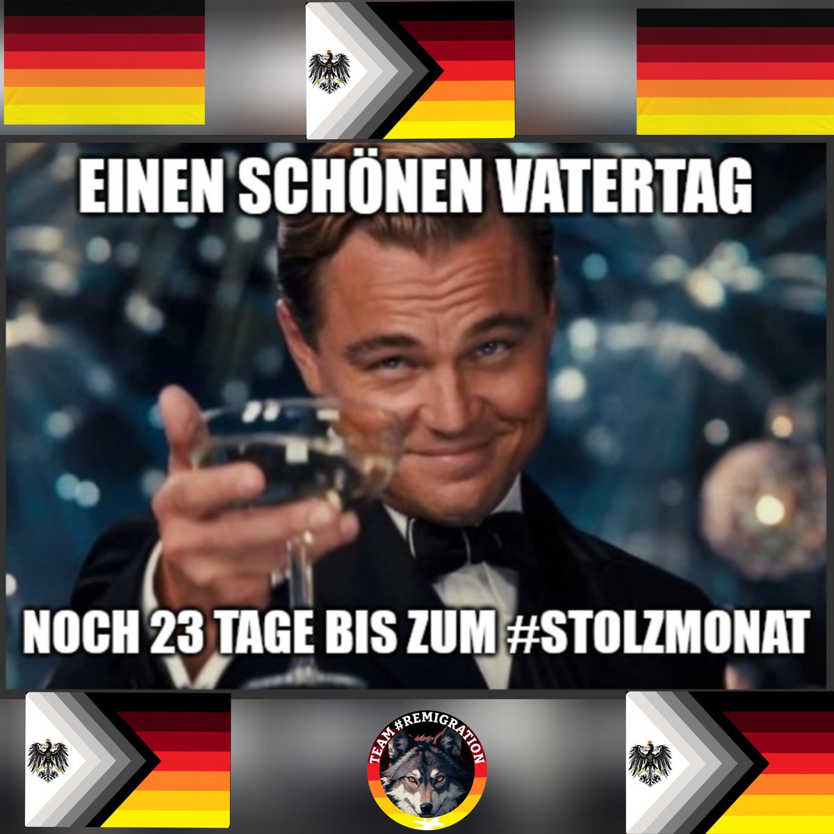 Er ist Pfostiert meine Frens, 
Der #Stolzcountdown ist da.

⏬️⏬️⏬️⏬️⏬️⏬️⏬️
Noch 23 Tage bis zum
#Stolzmonat
⏫️⏫️⏫️⏫️⏫️⏫️⏫️

Ich wünsche euch allen einen schönen Vatertag und verabschiede mich voller #Stolz ins Delirium. 
#AfDJaa
#HailHydra