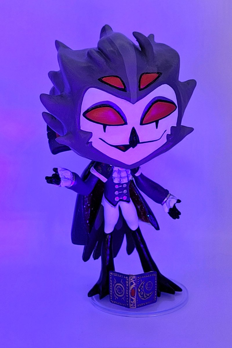 I made myself a Stolas in his pretty star cape, and I love him! He's also glittery, uv reactive, and his grimoire is readable :) #helluvaboss #stolas #stolasgoetia #customfunkopop #customfigure #HelluvaBossFanart