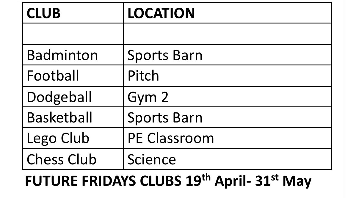 Future Fridays clubs for this term are below! We encourage as many of our S1-3 to come along, seniors on study leave are still welcome to attend clubs ♟️⚽️🏀