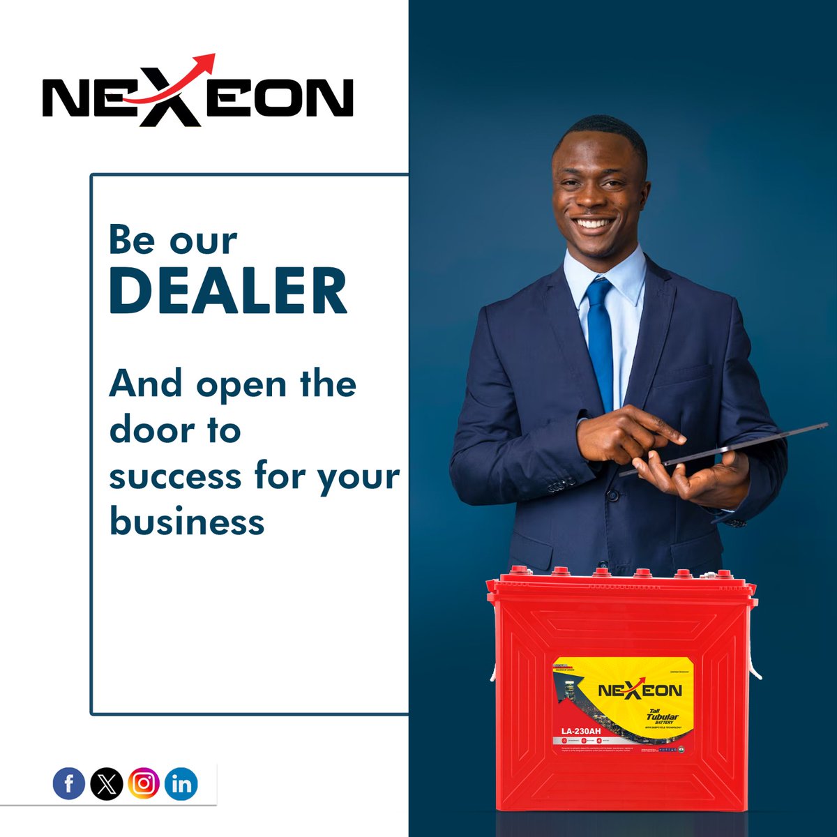 Be our battery dealer.
Join us and expand your business with our high-quality products and make way for growth opportunities.

Follow us: @nexeonbatteries 

#NexeonBattery #Battery #dealers #dealership #BatteryDealers #nigeria #nigeriabattery #batterymanufacturer