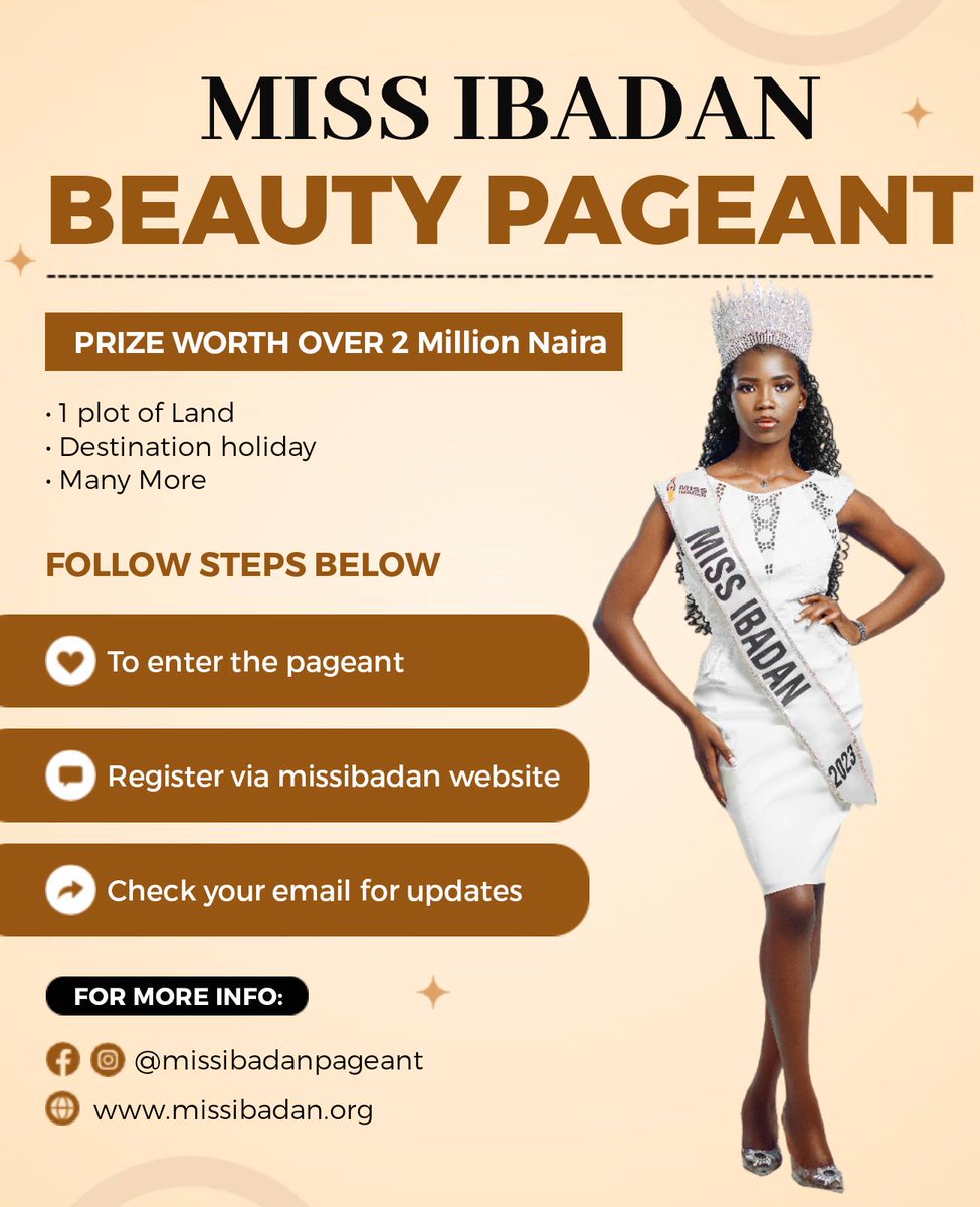 Missibadan's tweet photo. ARE YOU THE NEXT CROWN?
Miss Ibadan Beauty Pageant is happening on the 3rd of August 2024 at Sophia Event Place, Joke Plaza, Bodija, Ibadan. 🎉✨

👑 Eligibility: 16 - 25 years old.
Visit https://t.co/y1VsJ54Px5 to register!

#missibadan2024
#ibadanpageants https://t.co/sAk8Y4J32t