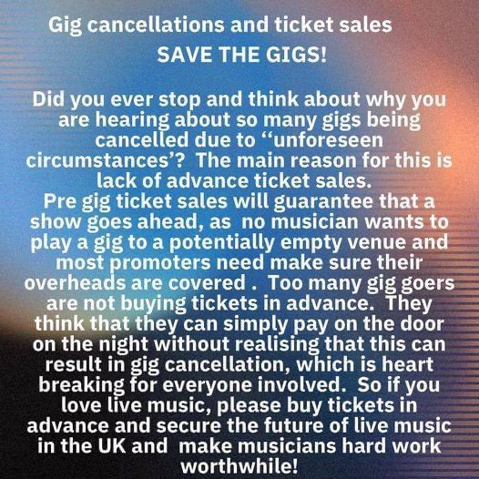 This, help out small venues by buying tickets in advance, is the trend continues the way it is all we’ll be left with is cover bands in pubs and rip off arena gigs. Please share👇 @Jo_Caulfield @CrowleyOnAir @prodnose @Beathhigh
