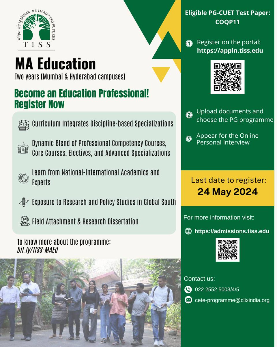 The MA in Education Programme strives to offer a holistic and vibrant educational journey that resonates with the vision outlined in national education policies and frameworks, firmly rooted in core constitutional values. Register at appln.tiss.edu #CETE #TISSMumbai