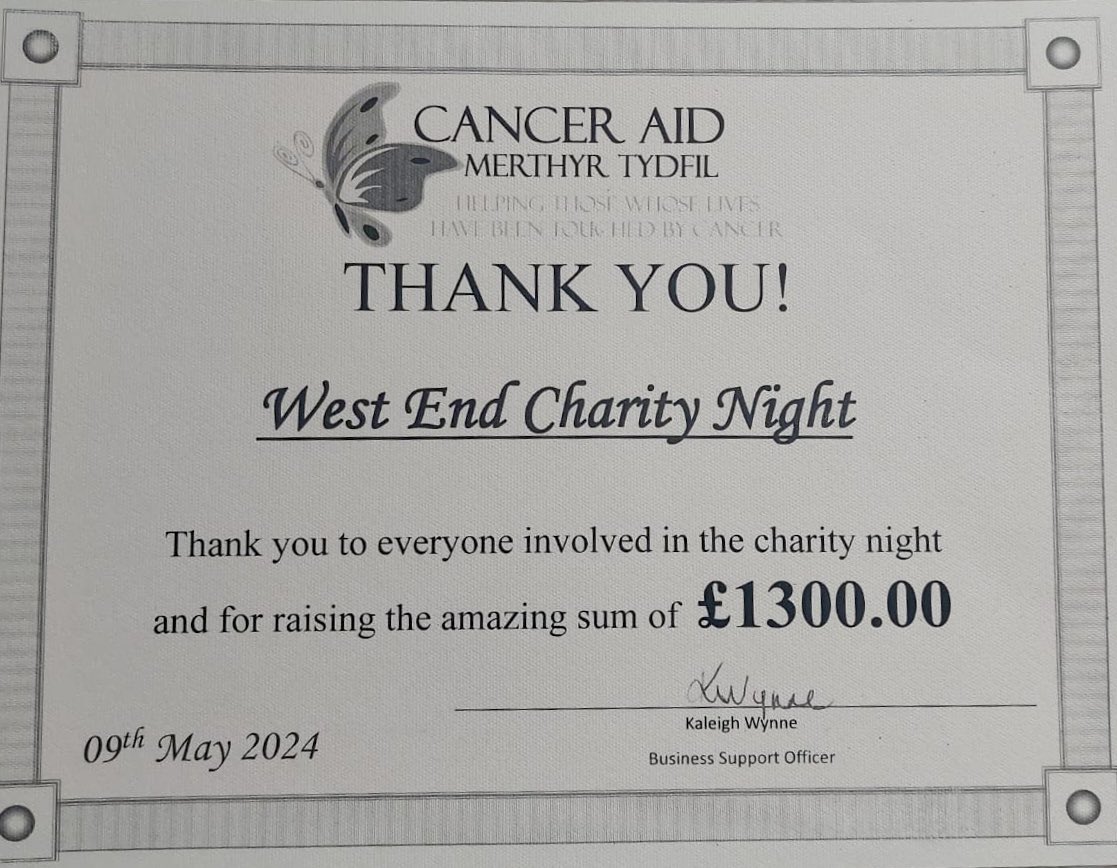 Well done to all who came and helped out with the recent Cancer Aid Merthyr Tydfil charity night at the club !!

£1300 was raised 👍🏻

#CommunityClub