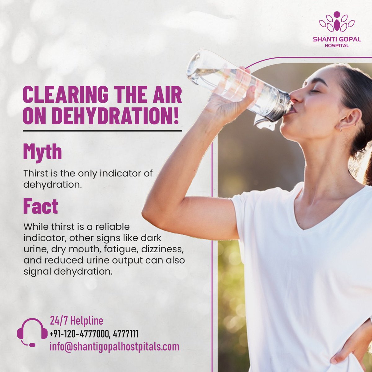 Contrary to popular belief, dehydration isn't solely signaled by thirst. While feeling parched is a key indicator, it's not the only one. 

 #shantigopalhospital   #doctors #healthcareworkers #summer #stayhydrated #stayhydrated💦 #mythandfact #mythsvsfacts