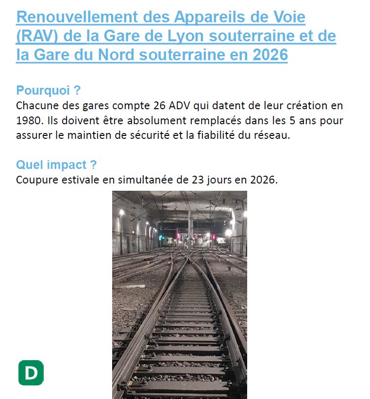Presque pas de travaux ferroviaires cet été en Île-de-France du fait des JOP. Mais les étés suivants seront chargés. Par exemple, les aiguillages à renouveler dans les parties souterraines des gares de Lyon et du Nord en 2026 : 23 jours de coupure à prévoir ! #RERB #RERD