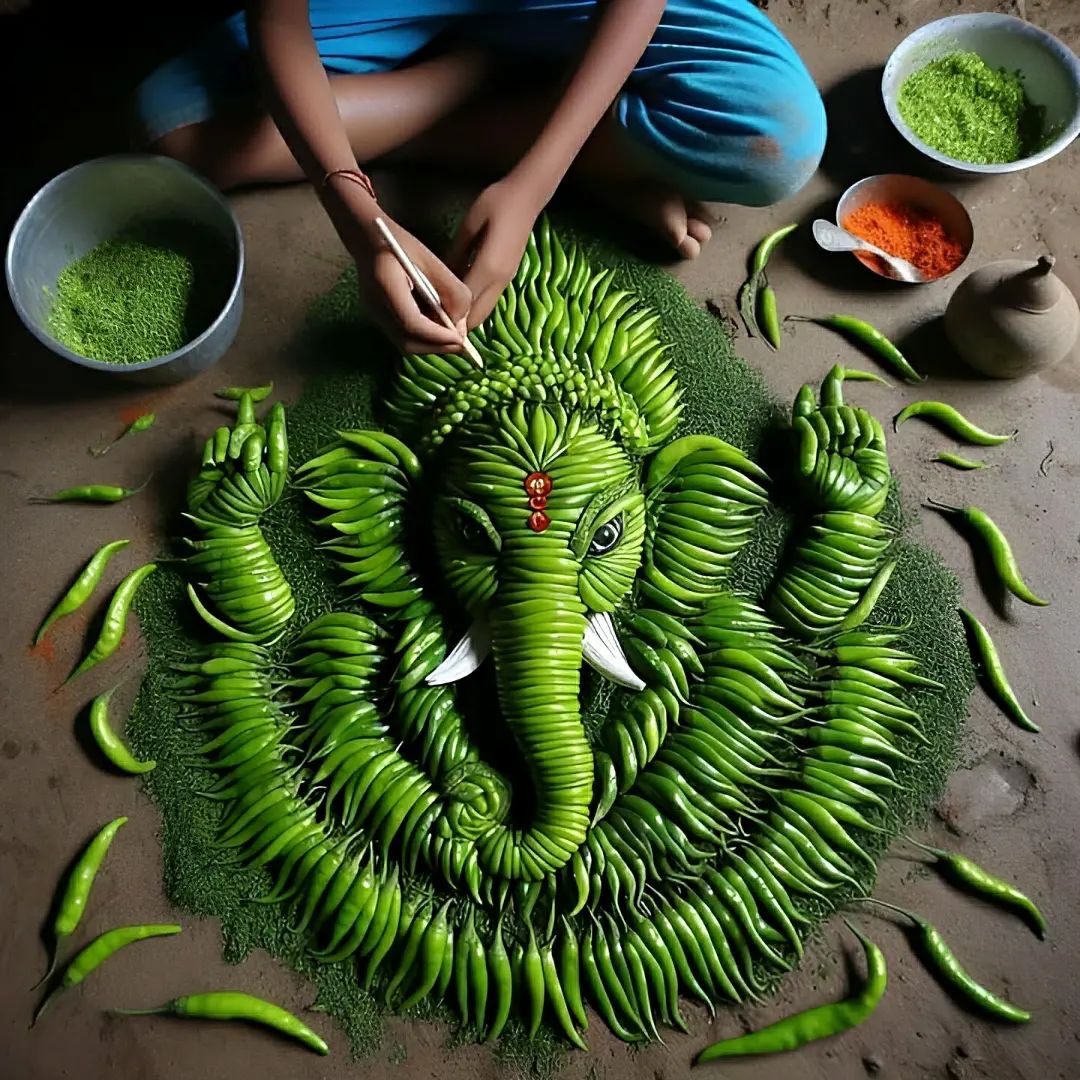 Unique Art of Ganapati Bappa Made up of Green Chillies and Vegetables 🚩