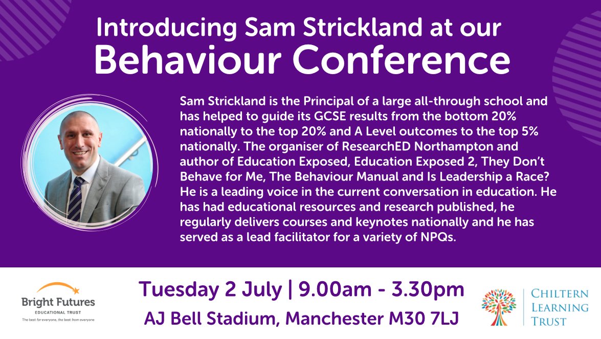 We're thrilled to have Sam Strickland join us at our Behaviour Conference as a keynote speaker! 💫👈👀 If you haven't already, book your tickets via our website: training.bright-futures.co.uk/courses/behavi… #CPD #Conference