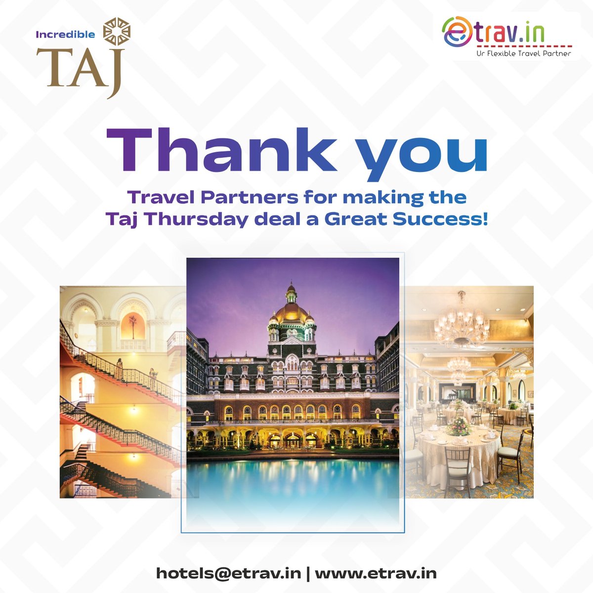 Thank you, Travel Partners for your immense support in making the Taj Thursday deal a Great Success!
 
To get more such deals join our community on WhatsApp: -chat.whatsapp.com/CdeVXvTbMLc7VX…
Website: etrav.in

#tajhotels #tajhoteldeals #hotelbooking #luxurystay #etrav