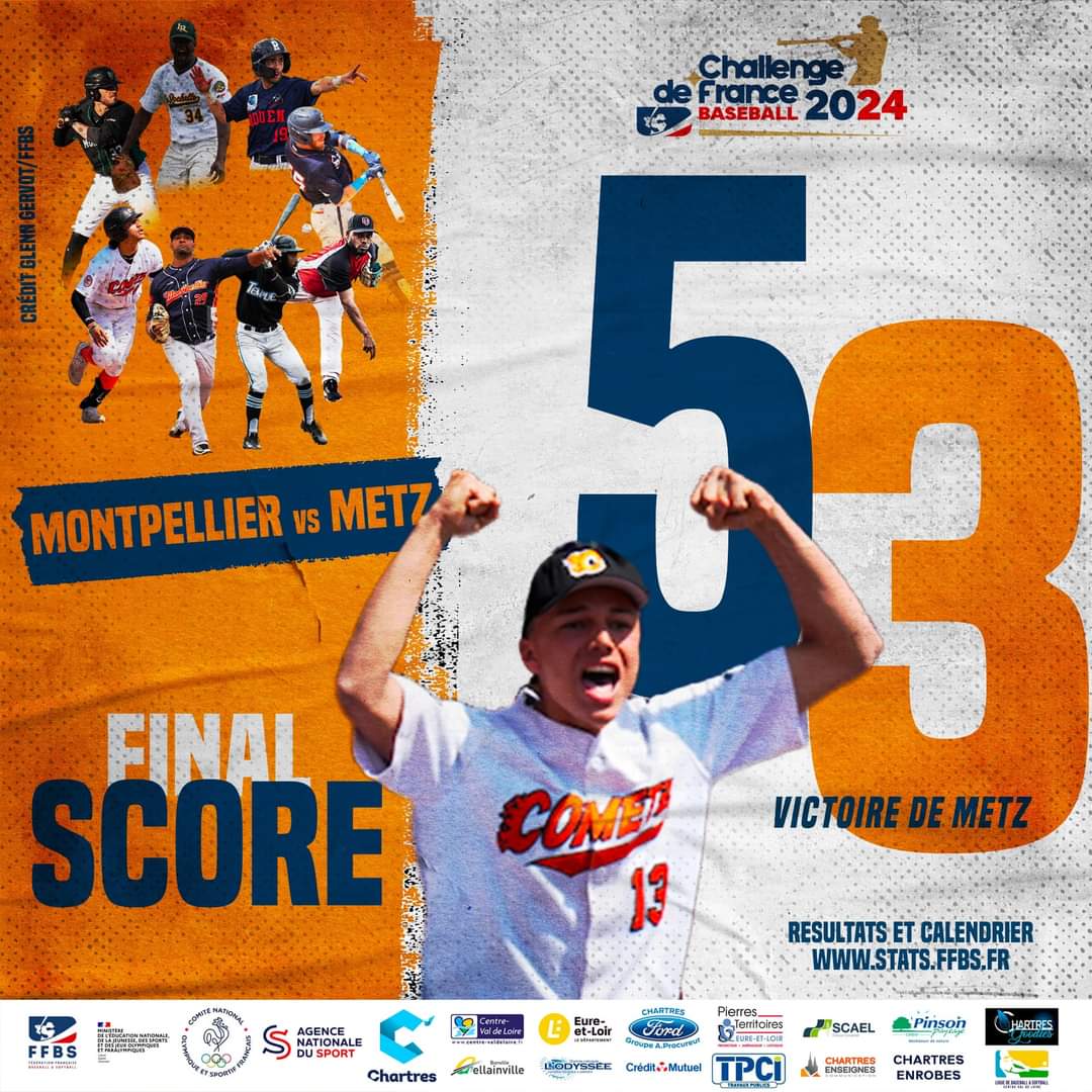 FINAL SCORE - Challenge de France Baseball 2024 ⚾️ Victoire de Metz face à Montpellier : 5-3 ! #ChallengedeFrance #Baseball #France