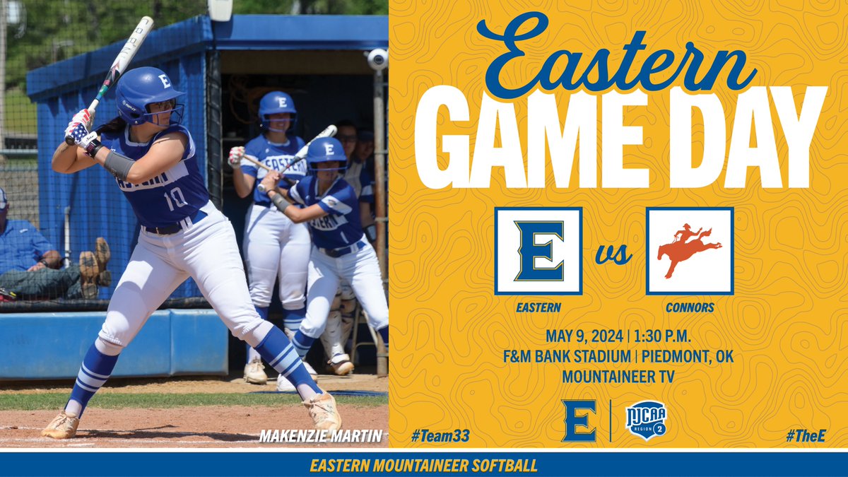 Tournament Game Day! Round 2 brings a matchup with an old foe. #TheE #Team33 #NJCAASB 🥎 vs. Connors State College ⏰ 1:30 P.M. 🏟 F&M Bank Stadium 📍 Piedmont, OK 🖥 eoscathletics.com/mountaineertv