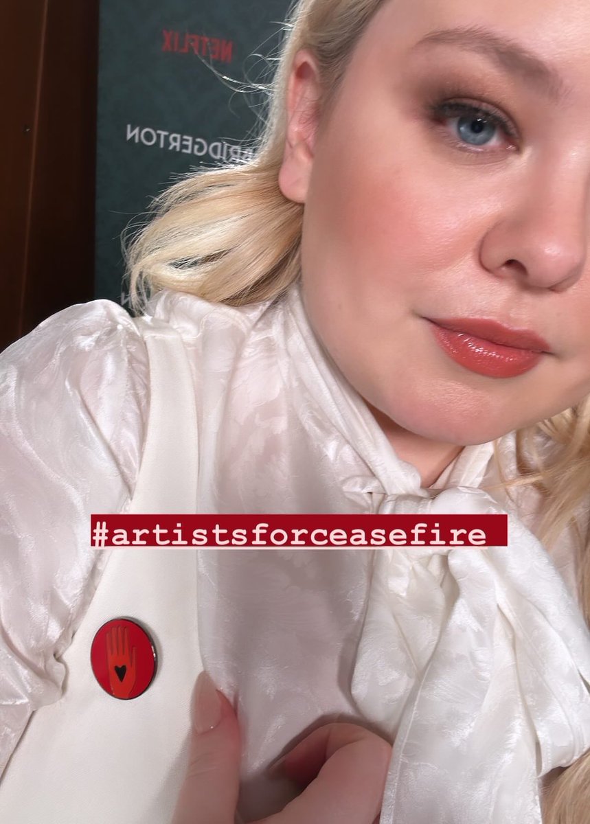 nicola coughlan is currently mid press, at an event promoting a new season of one of netflix's biggest shows and continues to show her support to the people of Palestine.  it should be expected from people with big social media platforms but unfortunately hardly seen