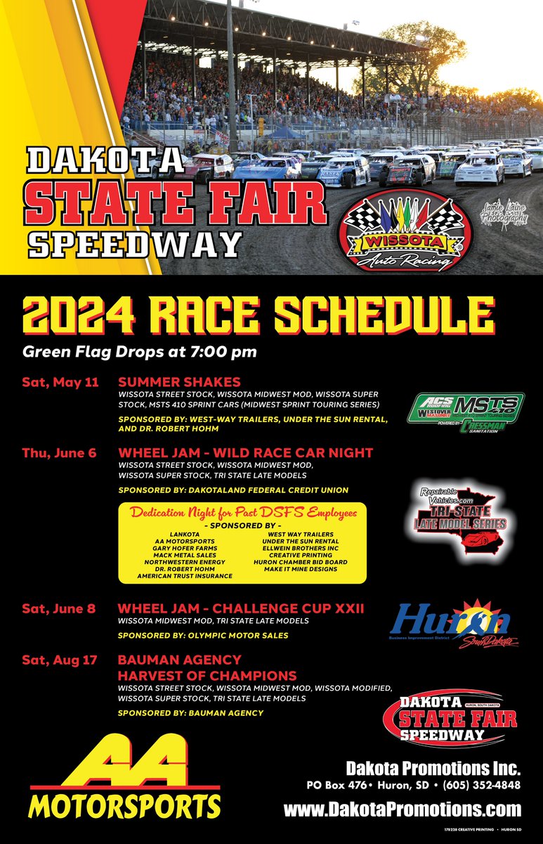 Racing kicks off at Dakota State Fair Speedway this weekend on Saturday, May 11! Green flag drops at 7 pm! Find racing details here: sdstatefair.com/facility-infor…