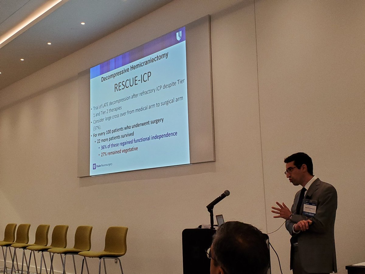 Dr Jordan Komisarow from @Dukeneurosurg discusses decompressive craniectomy for #AIS and #TBI. He stressed the importance of shared decision making. #MANCCS @SMuehlschMD @davidyhwang @mjaffa_do