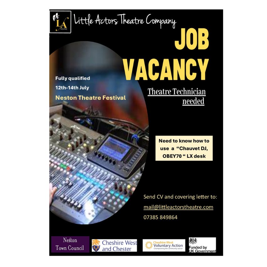 Theatre Technician needed!🎬
Fully qualified and experienced for the Neston Theatre Festival 🎭
 July 12th-14th☀️
 
#Jobsintheatre #Neston #theatre #Summerjob #nestonartsfestival #Stagetechnician #getinvolved #Nestoncommunity