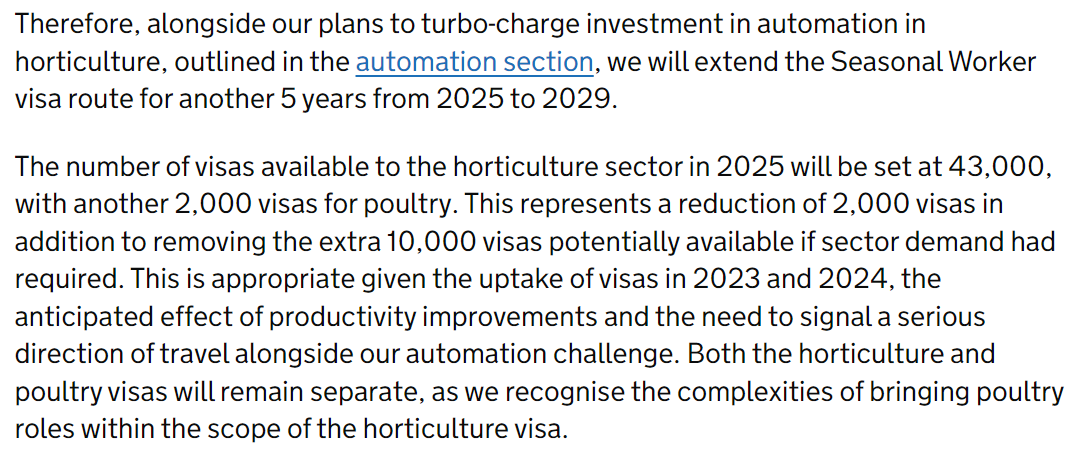 The government is extending the Seasonal Worker Route for 5 years, until 2029. 45,000 visas will be available in 2025, with future quotas to be set out later this year. gov.uk/government/pub…