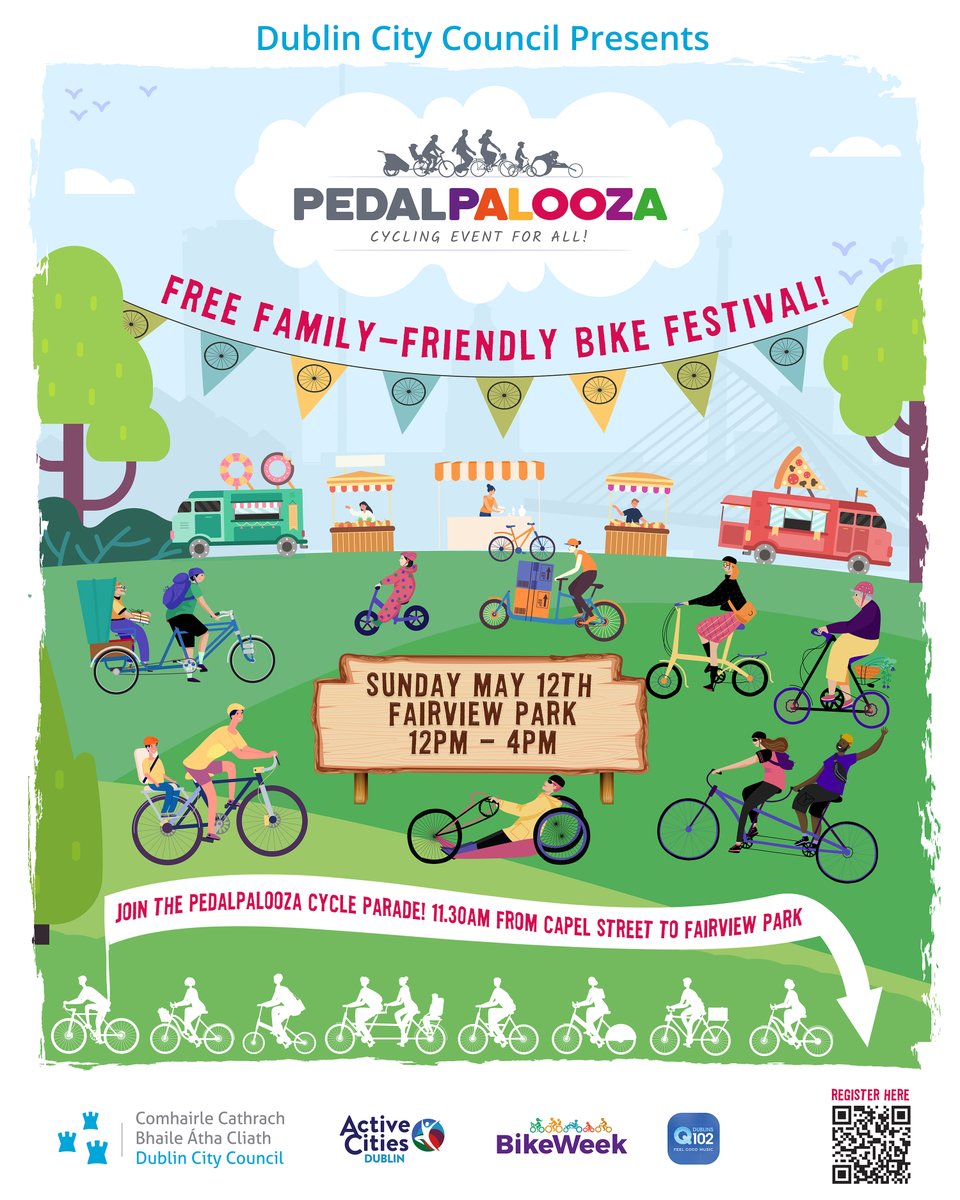 Pedalpalooza bike festival takes place this Sunday 12thMay in Fairview Park! Come along for free activities, performances, music and fun from 12-4pm. More info at dublincity.ie/events/pedalpa… #bikeweek #cycledublin