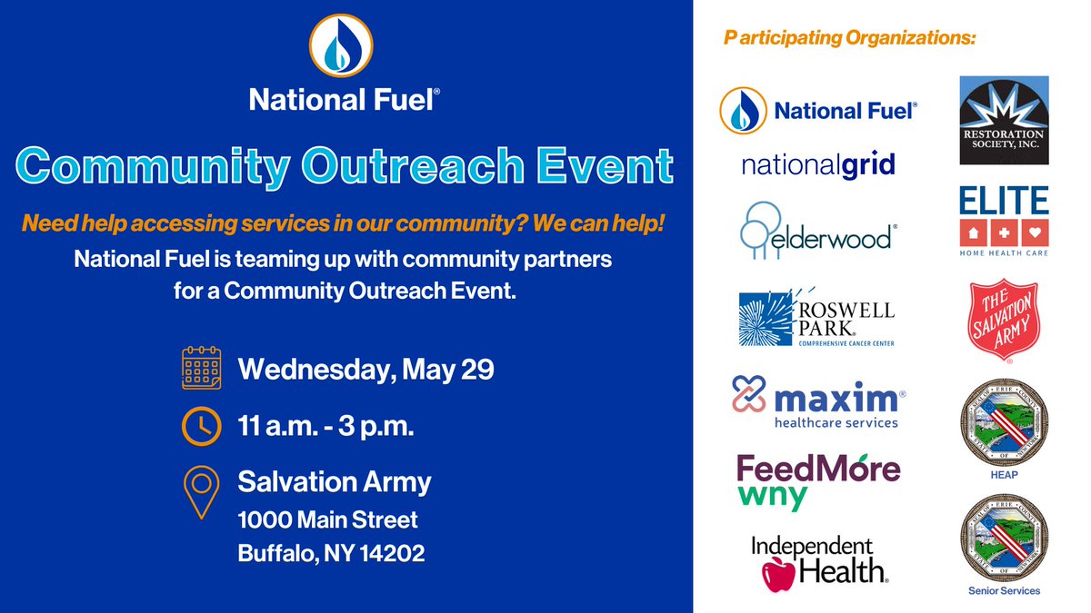 National Fuel is teaming up with other community organizations for an event on May 29! Join us at Salvation Army in Buffalo, NY to get help with payment assistance programs and more. Tops and FeedMore WNY will also be onsite with their free, mobile food pantry. See you there!