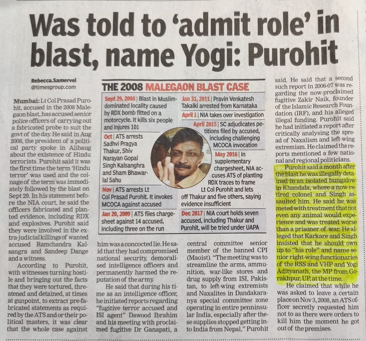 There was a lot more to #HemantKarkare than met the eye. In his statement before an #NIA court, #Malegaon blast accused Col Purohit slams Karkare & other ATS officers for fabricating evidence in 2008 to implicate “saffron terrorism” during UPA1.