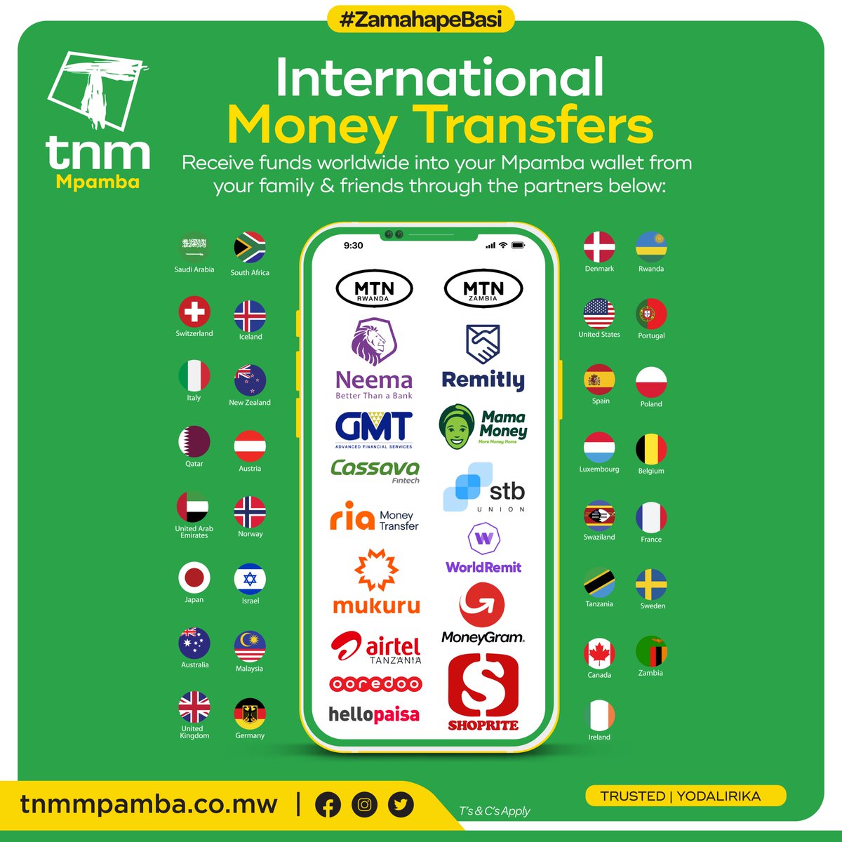 TNM Mpamba has made it easier!!!

You can now receive money into your Mpamba wallet through different partners worldwide.

#TNM
#TNMMpamba
#InternationalFundsTransfer
#Trusted
#Secure