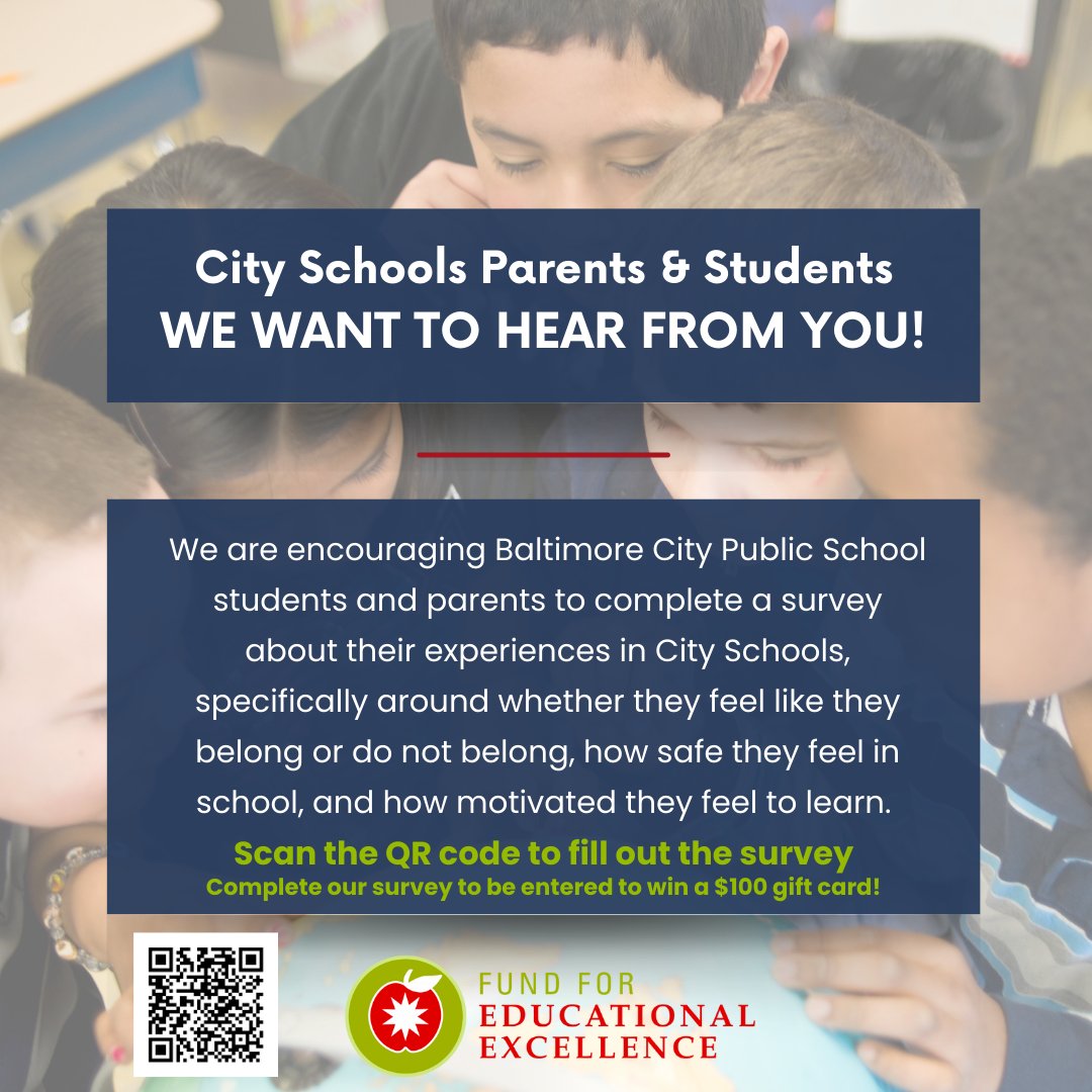 One more day to complete our survey about student belonging and connection in @baltcityschools before our weekly drawing. Share your thoughts now at bit.ly/4atEw6N for a chance to win a $100 gift card.