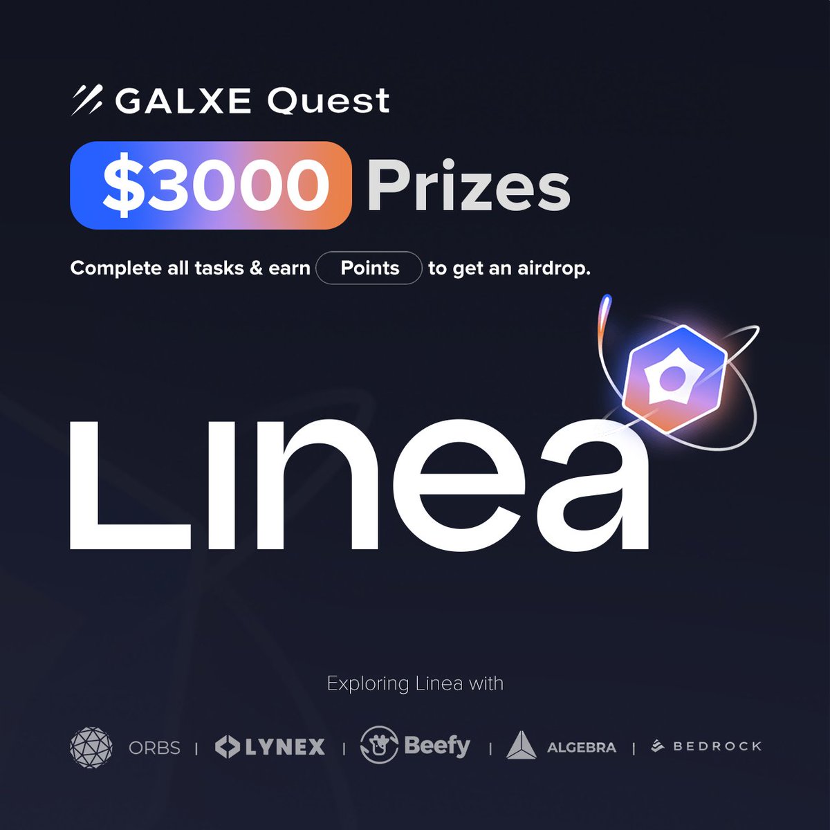 Exploring @LineaBuild on @Galxe! Join us with @LynexFi, @CryptoAlgebra, @orbs_network, and @Bedrock_DeFi & to win your share of $3k pool prize! 📅 Ends May 21st 🚶‍♂️ Start Your Quest: app.galxe.com/quest/CryptoAl…