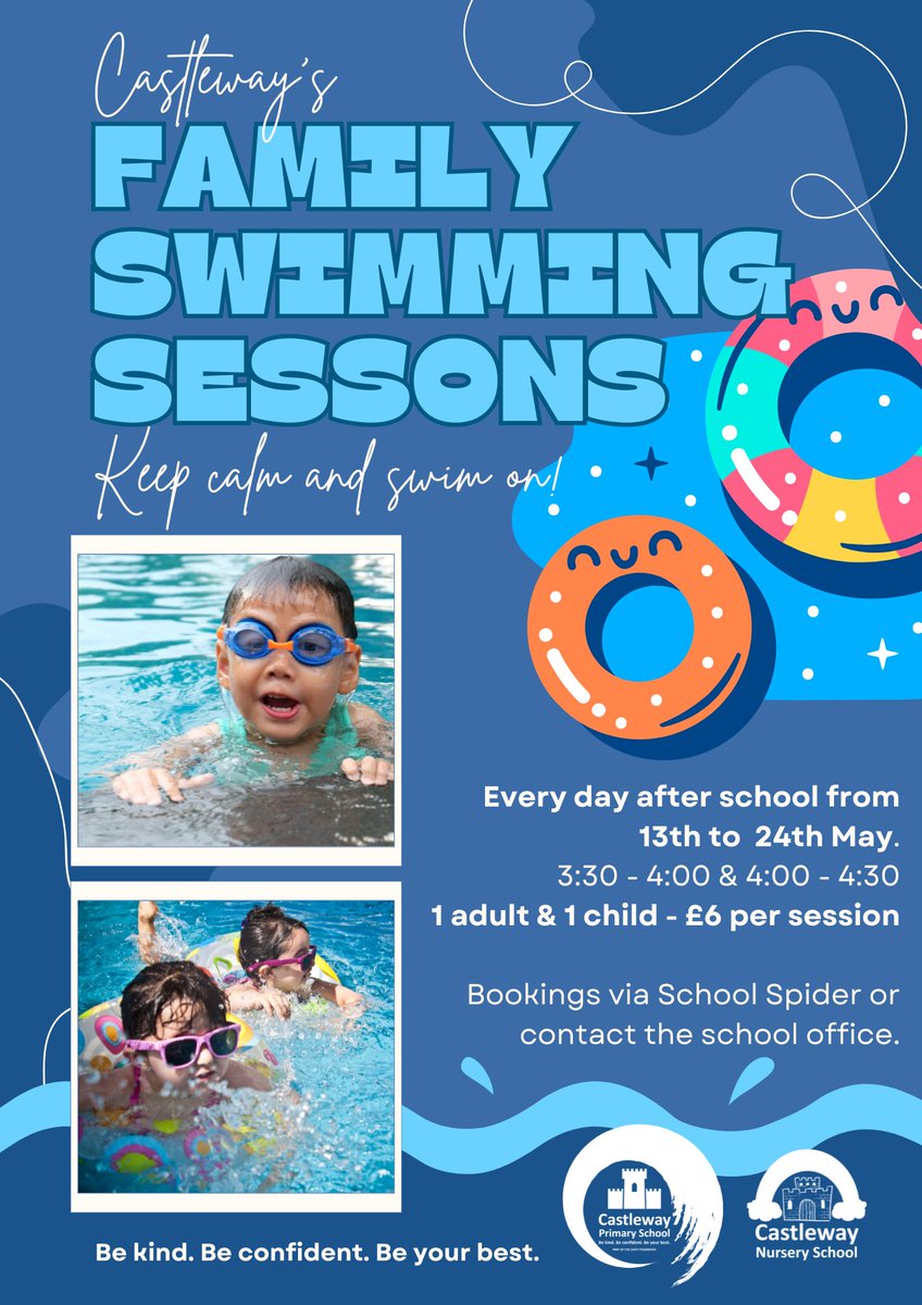 We're thrilled to be able to offer #FamilySwimmingSessions at Castleway for the next two weeks! Primary School families can book via School Spider, Nursery School families are to contact the School Office please. #WeAreSeriousAboutSwimming #WeAreCastleway