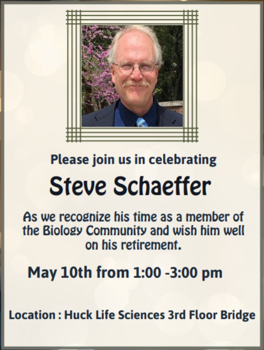 @swschaeffer's retirement party will be tomorrow, May 10th from 1-3 PM on the 3rd floor Huck bridge! Thank you Steve and enjoy your retirement 🎉 🚲