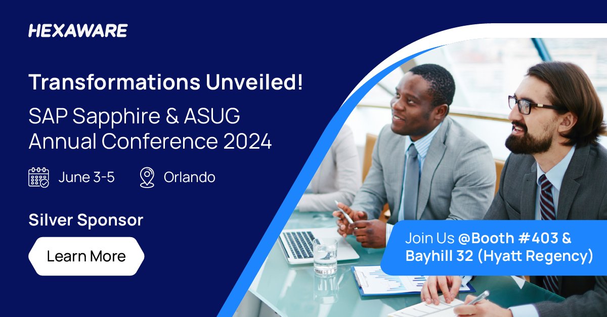 Dive into the future of #digital innovation at #SAPSapphire & ASUG Annual Conference 2024. Hexaware is showcasing breakthroughs in #SAP technology that are shaping global businesses. Visit us at booth #403 & Bayhill 32 (Hyatt Regency). See you there! bit.ly/3WznZtR #ERP