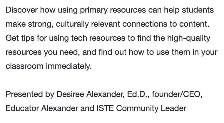 Using Primary Sources to Teach Culturally Relevant Lessons [WEBINAR] bit.ly/3UBJWWJ

@isteofficial @istecommunity @ascd #edchat #k12 #edtech #istelive #istelive24 #istechat #edutwitter #teachertwitter #edleaders #principals #suptchat #globaled