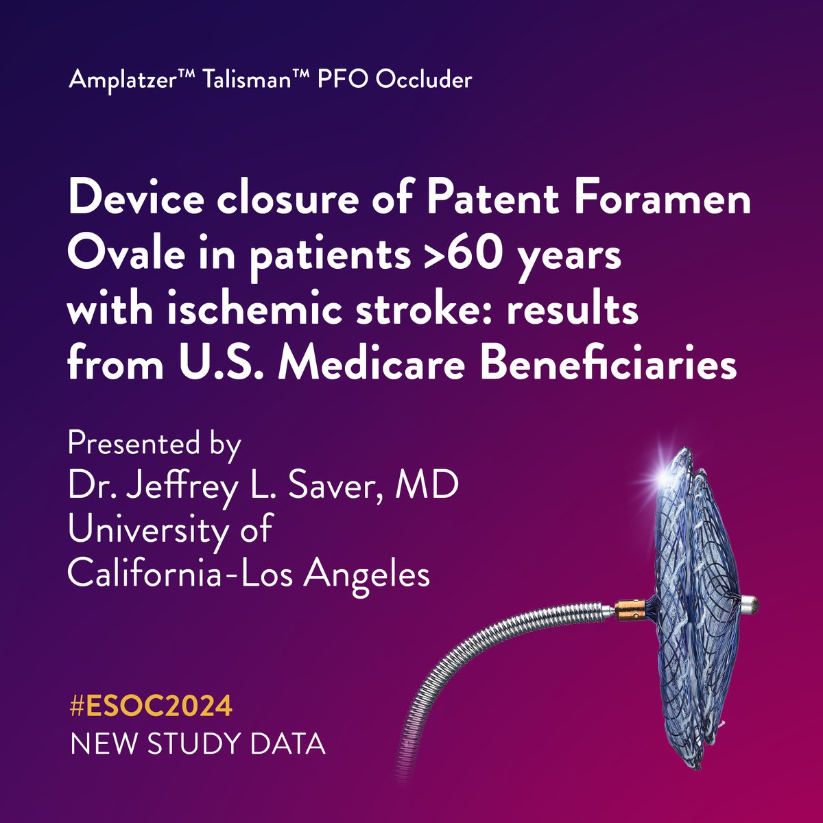 Join us at #ESOC2024 for results from the largest comparative study of closure vs. non-closure in patients over 60 years with presumed PFO-associated #Stroke. Learn more about our #Amplatzer #Talisman PFO Occluder: abbo.tt/PFOOccluder Safety Info: abbo.tt/AmplatzerTalis…