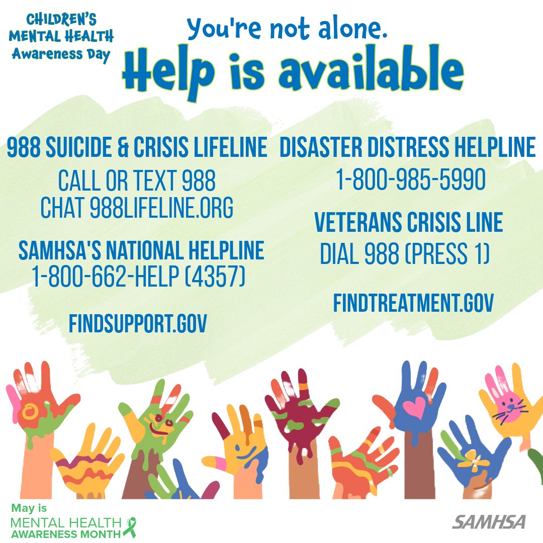 When a child is experiencing mental health challenges it impacts their family as well. Visit samhsa.gov/find-help for support. If a young person in your life is going through a tough time, remind them that there’s always help and hope. #AwarenessDay #MHAM2024