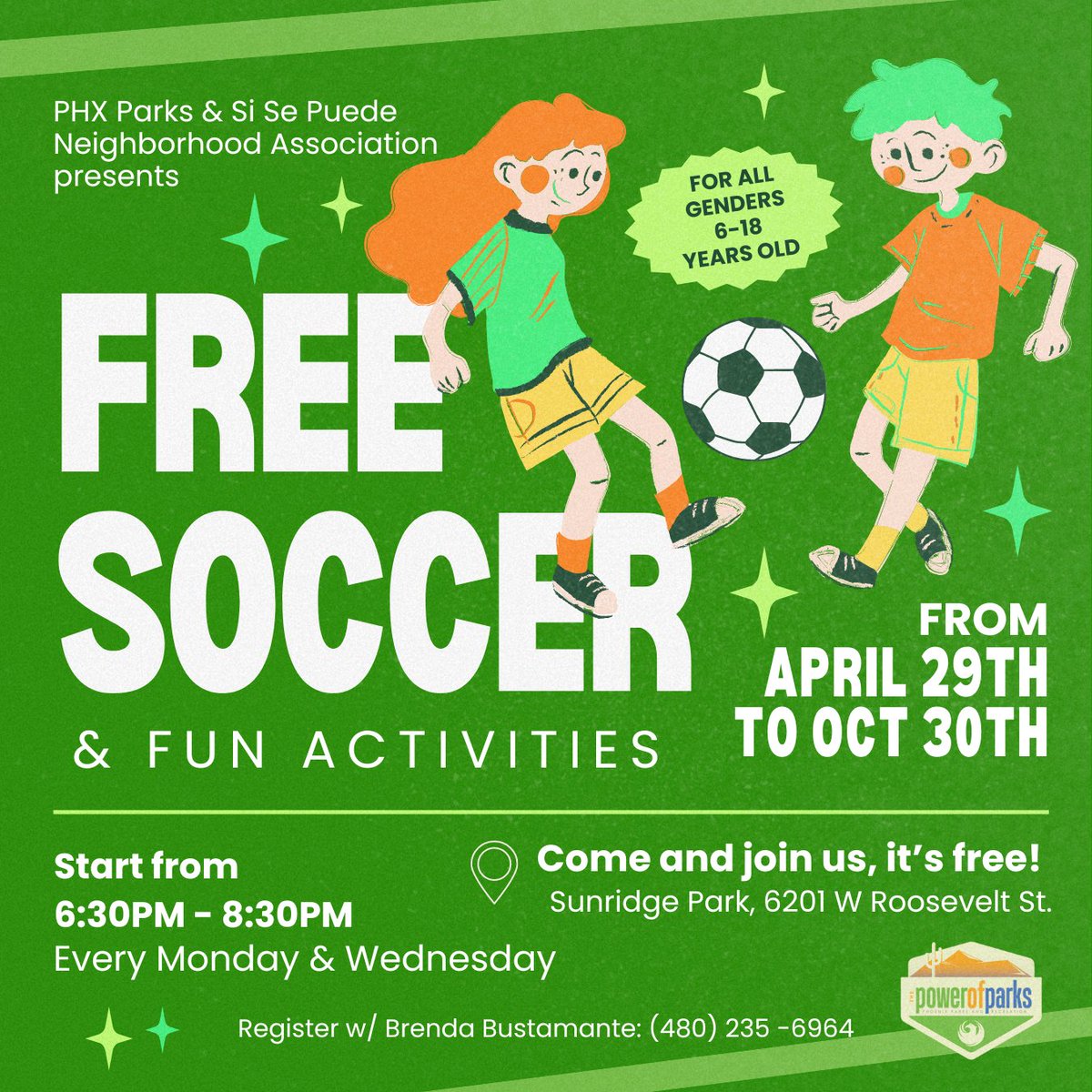 ⚽ Kick off your week with soccer at Sunridge Park for FREE! ☀️ Open for kids aged 6-18. Let's make this a season to remember! 📅 Every Monday & Wednesday, from 6:30PM - 8:30PM 📍 Sunridge Park, 6201 W Roosevelt St, Phoenix, AZ 85043 #phxparks #phxplays #sisepuede #phoenix