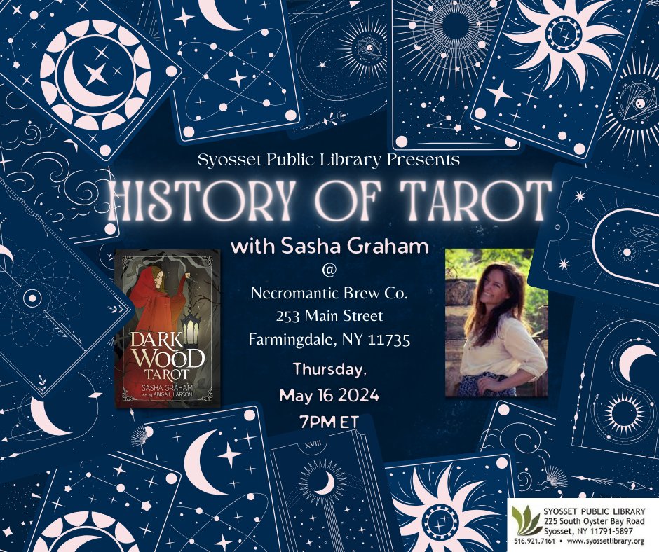 Next week! Join us at Necromantic Brew Co. in Farmingdale for an evening of history with Tarot expert Sasha Graham. Grab a brew and hear all about her gorgeous deck, the Dark Wood Tarot.