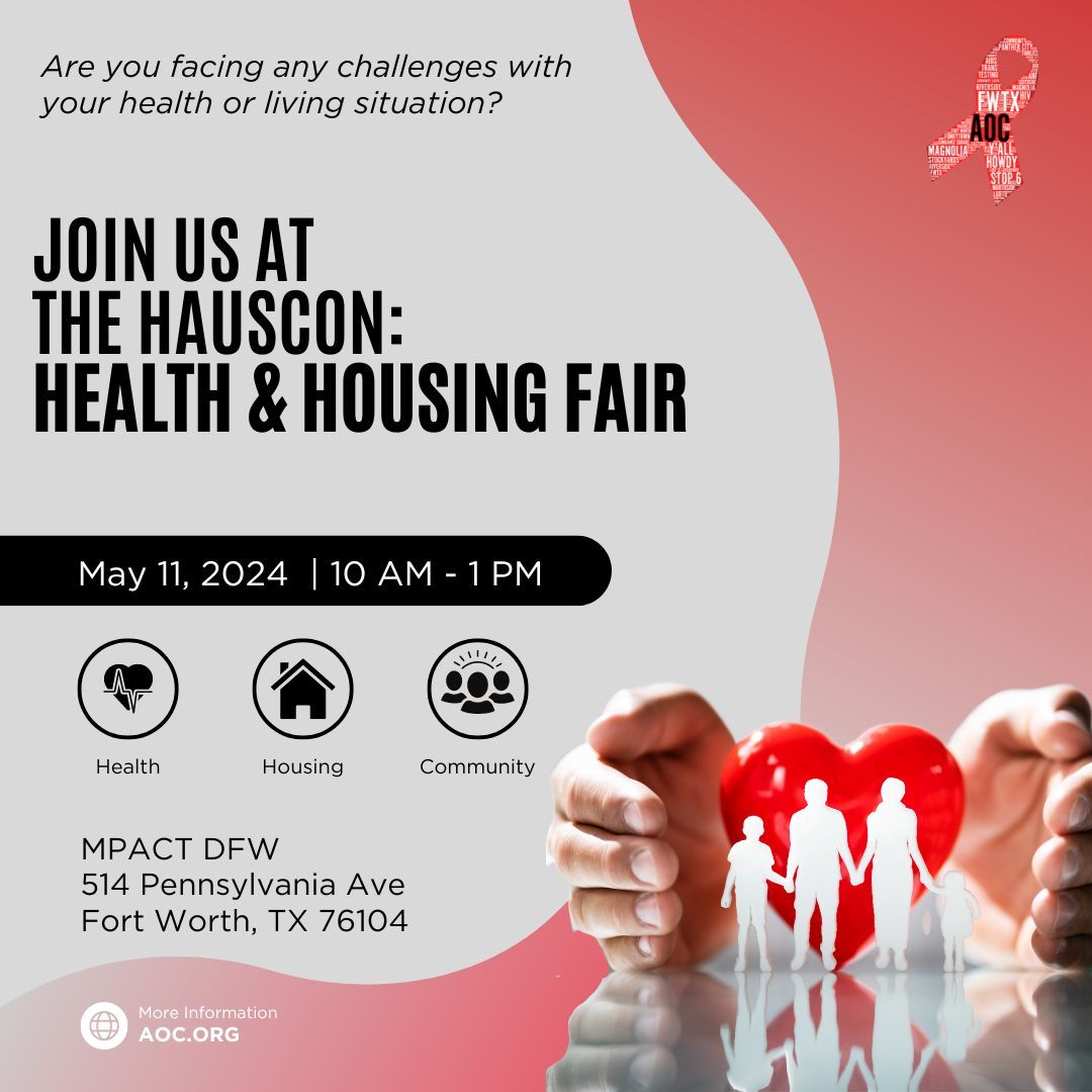 Don't Miss the HausCon Health & Housing Fair! Looking for support with your health or housing?

Join us at the HausCon Health & Housing Fair on Saturday, May 11th from 10 AM to 1 PM!
MPACT DFW
514 Pennsylvania Ave
Fort Worth, TX 76104

#HausconFair #HealthandHousing #AOCFortWorth