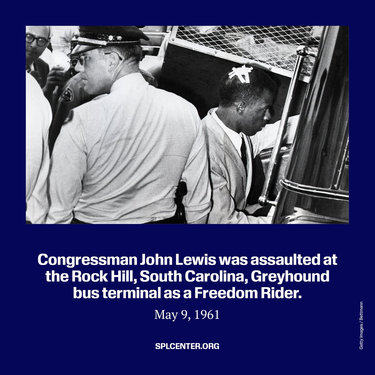 #OTD in 1961, civil rights activist and later U.S. Rep. John Lewis was severely beaten at the Rock Hill, South Carolina, Greyhound bus terminal. He was one of the Freedom Riders headed to New Orleans to protest segregation in interstate transportation. #TheMarchContinues