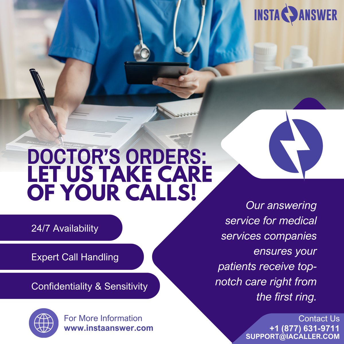 Prescribing peace of mind, one call at a time! Our answering service for medical services companies ensures your calls and customer service are as healthy as can be.

Dial (877) 631-9711 or email support@iacaller.com to let us be your on-call remedy!

#InstaAnswer #Rx #CSR
