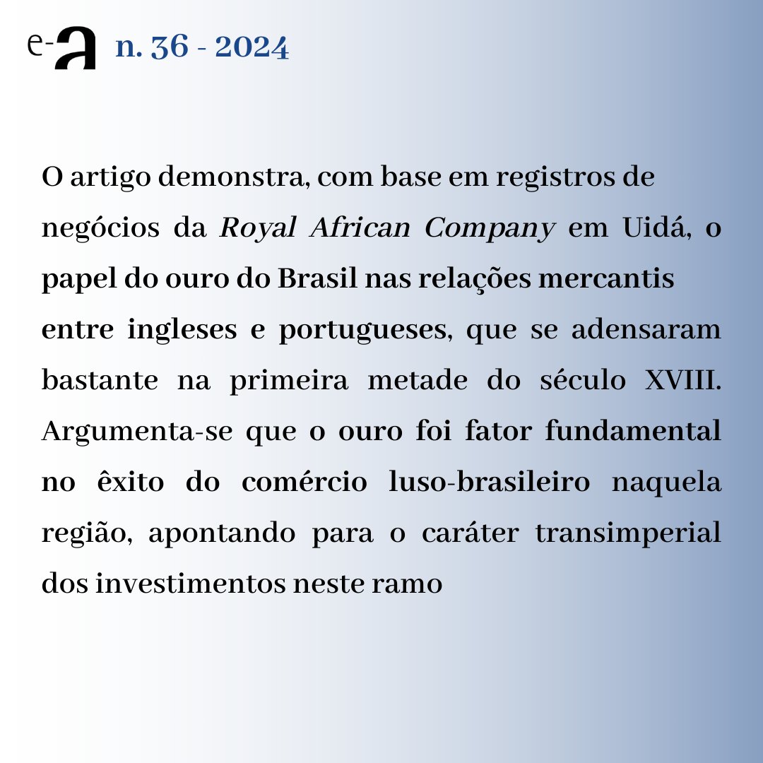 📍Confira o texto clicando no link: periodicos.unifesp.br/index.php/alm/…

O autor demonstra o papel do ouro do Brasil nas relações mercantis entre ingleses e portugueses. Indica uma possível contribuição para avaliar as características das relações mercantis entre os agentes envolvidos.