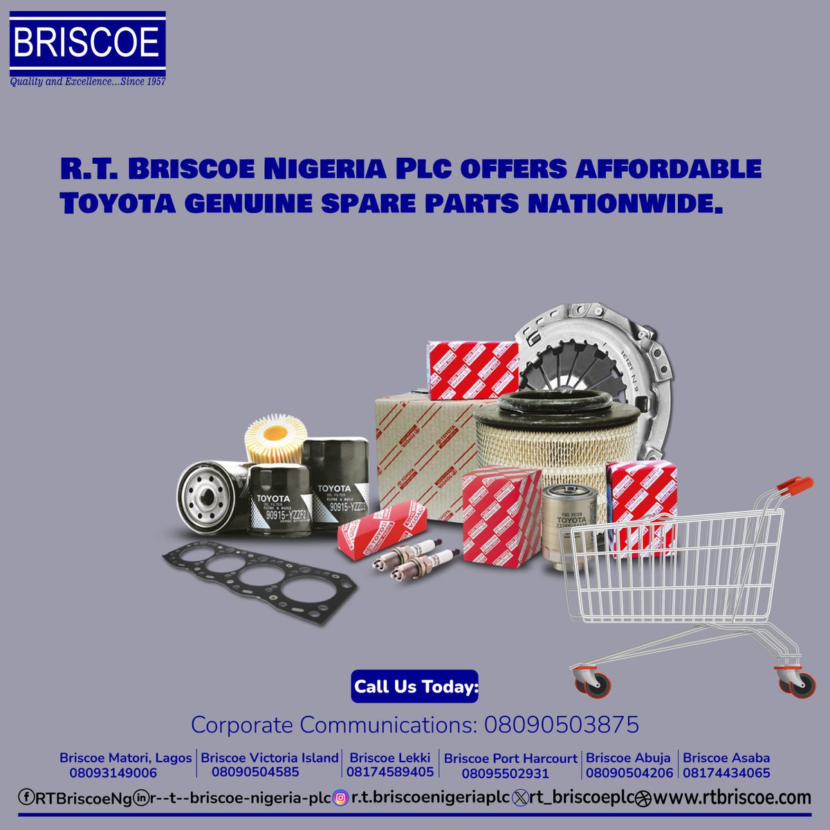 R.T. Briscoe Nigeria Plc offers affordable Toyota genuine spare parts nationwide.

#sparepart #toyota #briscoemotors #rtbriscoenigeriaplc #genuinepart #camry #landcruiser #lc70 #haice #hilux #coaster #belta #corolla #toyotacrown #thursday #nationwide