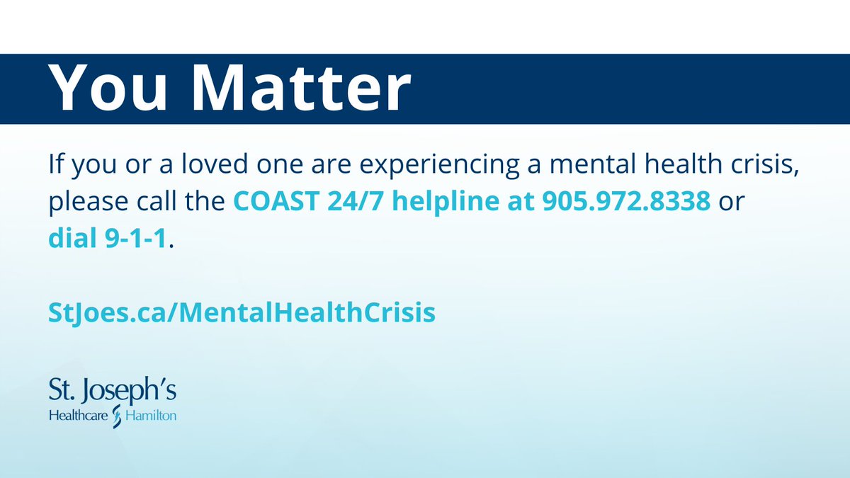 If you or a loved one are experiencing a mental health crisis please call the COAST 24/7 helpline at 905.972.8338 or dial 911. For more mental health crisis support visit, StJoes.ca/MentalHealthCr… #MentalHealthWeek #MentalHealthAwarenessMonth #HamOnt