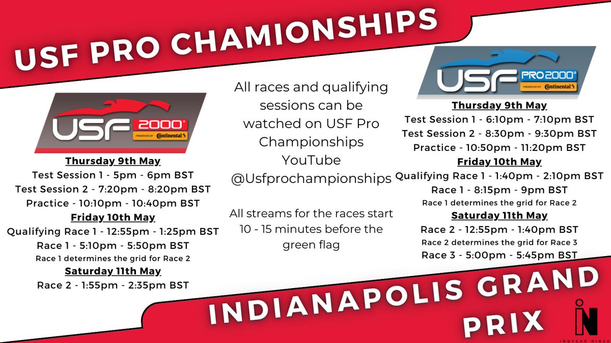 If #INDYCAR isn't enough racing for you this weekend, check out @USFProChamps @USFPro2000 @USF2000 

All quali session and races are streamed here: youtube.com/@usfprochampio…

And you can follow live timings on their websites
usf2000.com/results/live-t…
usfpro2000.com/results/live-t…